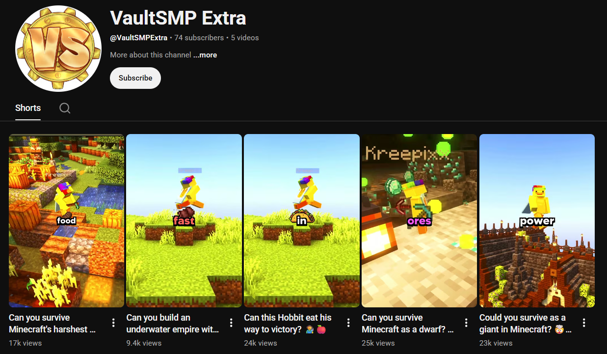 VaultSMP Extra YouTube channel: 74 subscribers, 5 videos published